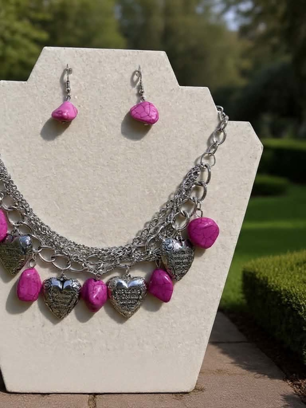 Pink Heart & Stone Charm Statement Necklace with Pink Earrings